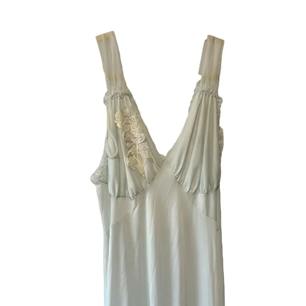 Gotham Vintage Light Blue Frill Ruffle Trim Lace Maxi Nightgown Slip Satin Dress - Picture 2 of 8